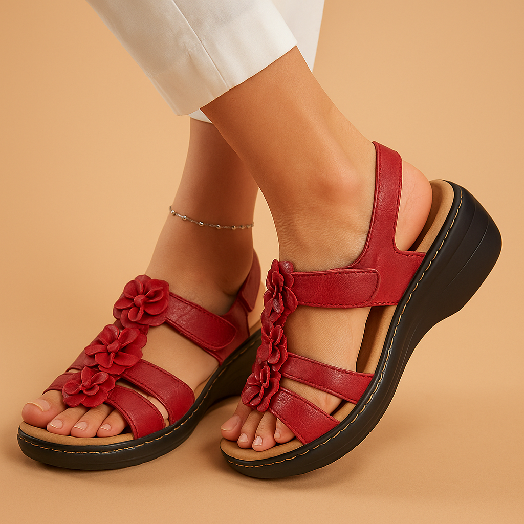 Women’s black sandals with subtle floral pattern, cushioned insole, and adjustable strap, ideal for daily wear, shopping, or walking.