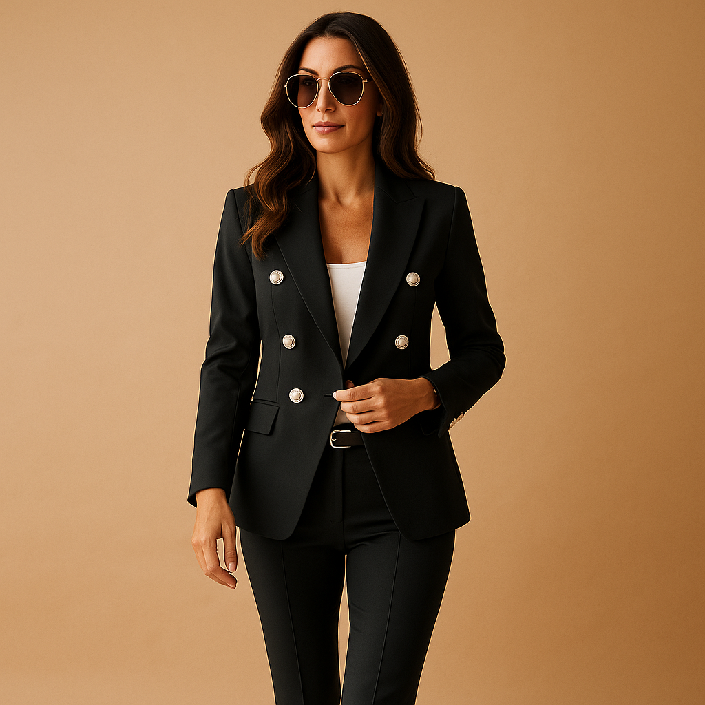 Women’s formal suit set with tailored blazer and trousers in black, red, and blue, perfect for office, business, or elegant occasions