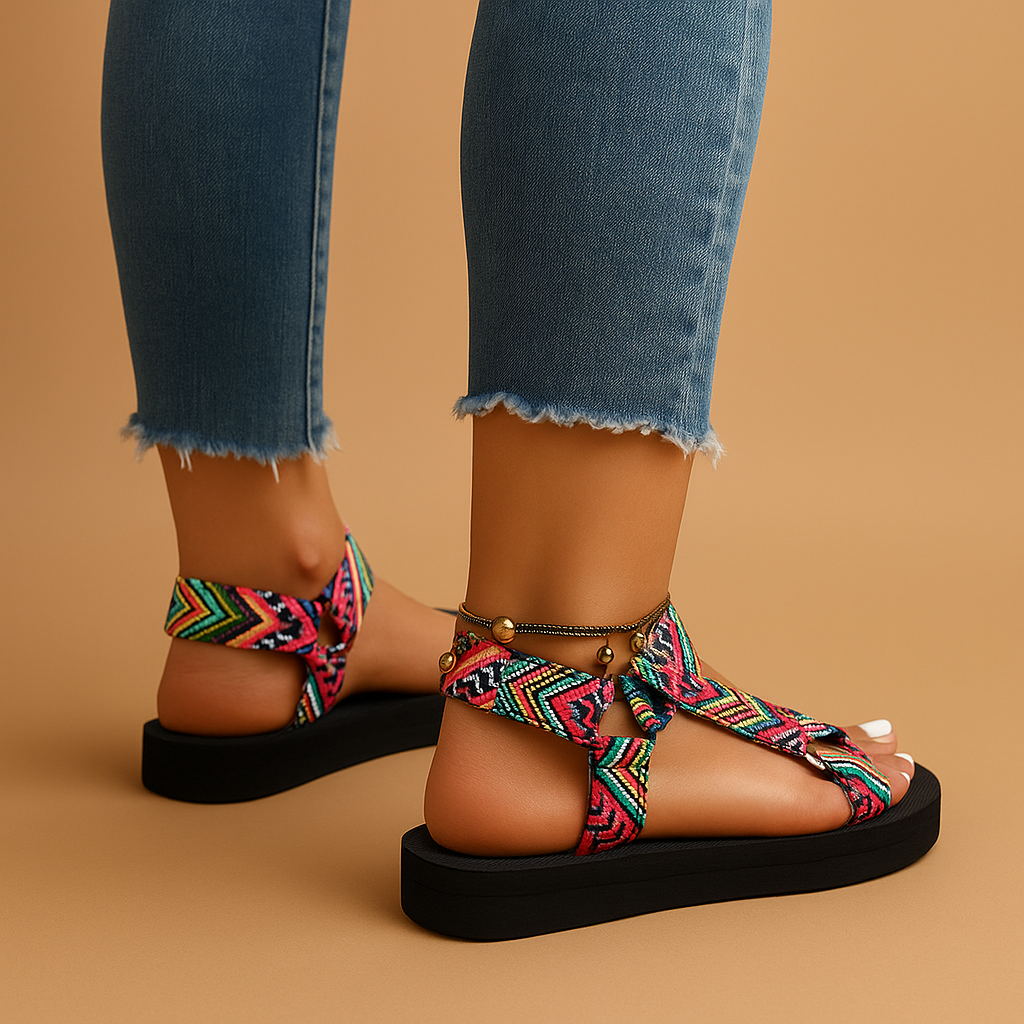 Women’s boho rope gladiator sandals with adjustable wrap style and lightweight sole, perfect for beach, holidays, and summer days.