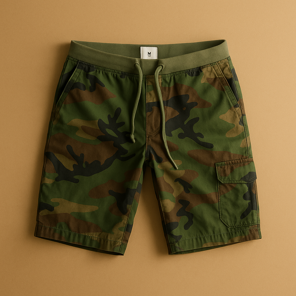 Men’s camouflage shorts made from lightweight breathable cotton, perfect for outdoor adventures and summer casual outfits.