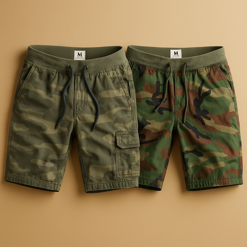 Men’s camouflage shorts made from lightweight breathable cotton, perfect for outdoor adventures and summer casual outfits.