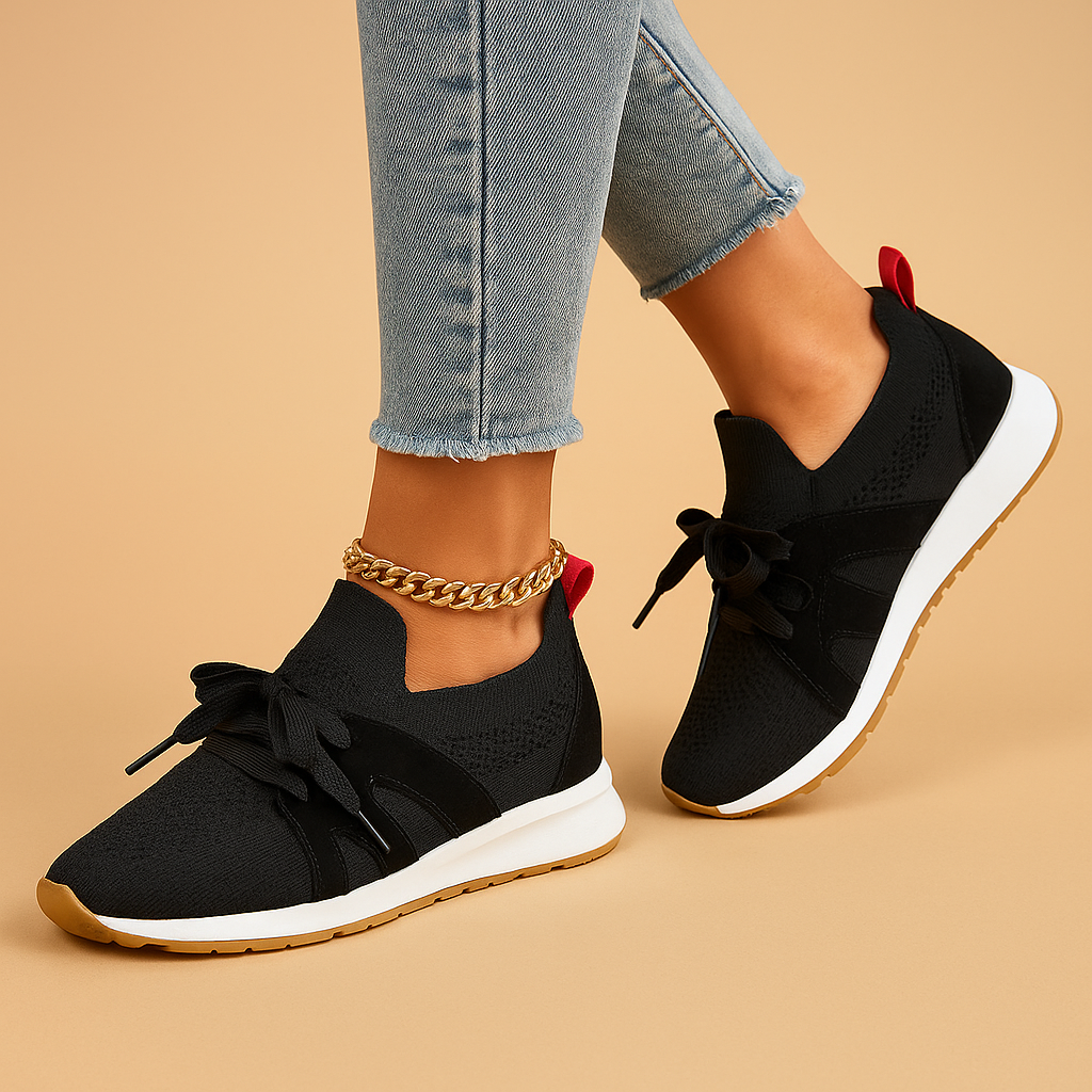 Women’s lace-up shoes with breathable mesh, cushioned rubber sole, and rounded toe in black, grey, brown, and red, ideal for daily comfort.