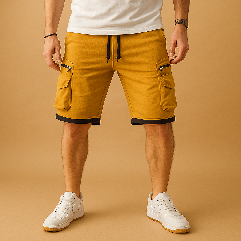 Men’s cargo shorts with relaxed fit, adjustable drawstring, and multiple pockets in green, red, white, black, grey, and yellow, ideal for summer and outdoor wear.
