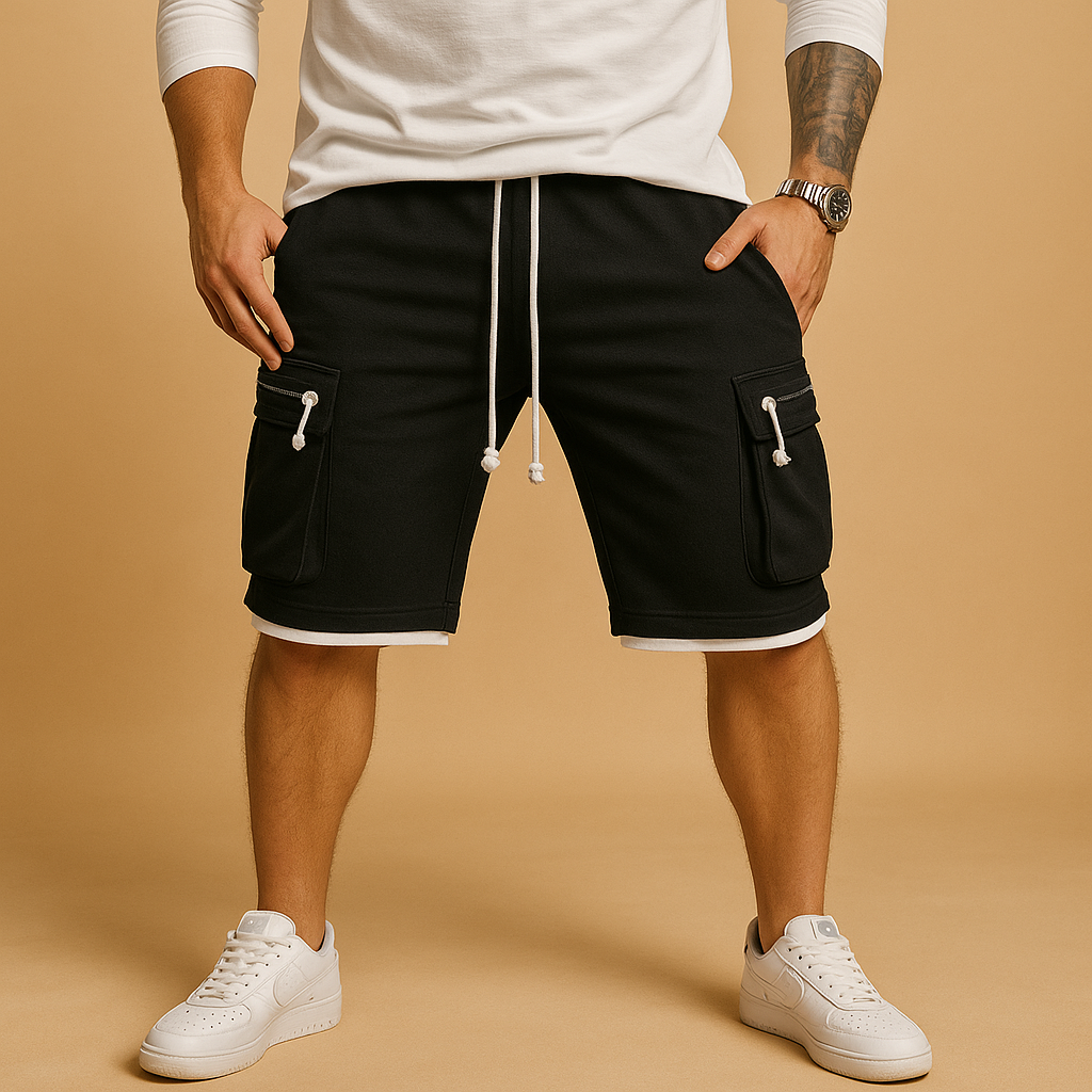 Men’s cargo shorts with relaxed fit, adjustable drawstring, and multiple pockets in green, red, white, black, grey, and yellow, ideal for summer and outdoor wear.