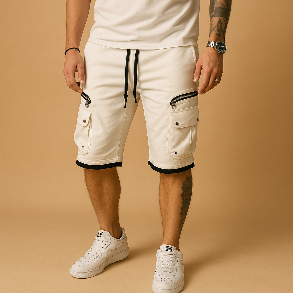 Men’s cargo shorts with relaxed fit, adjustable drawstring, and multiple pockets in green, red, white, black, grey, and yellow, ideal for summer and outdoor wear.