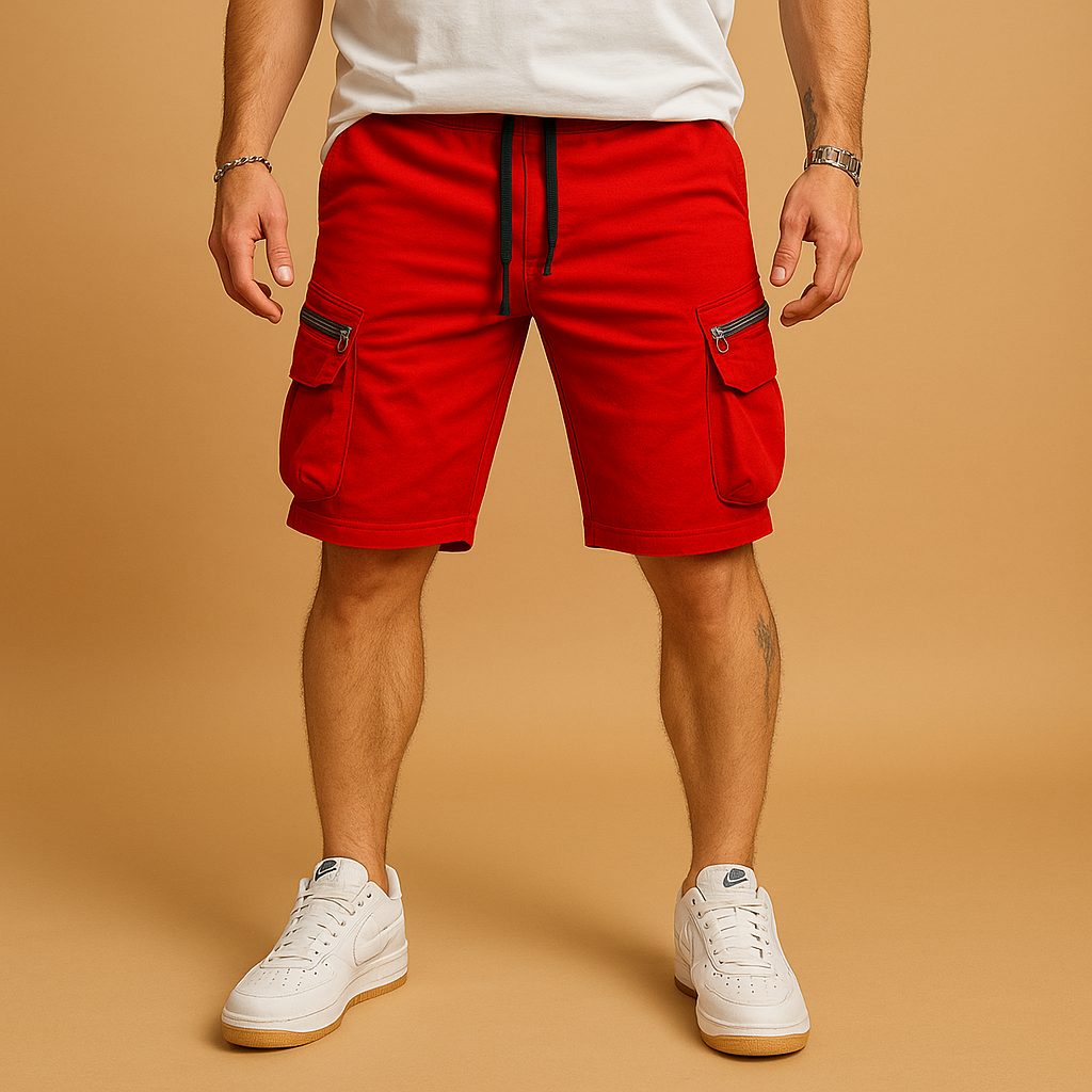 Men’s cargo shorts with relaxed fit, adjustable drawstring, and multiple pockets in green, red, white, black, grey, and yellow, ideal for summer and outdoor wear.