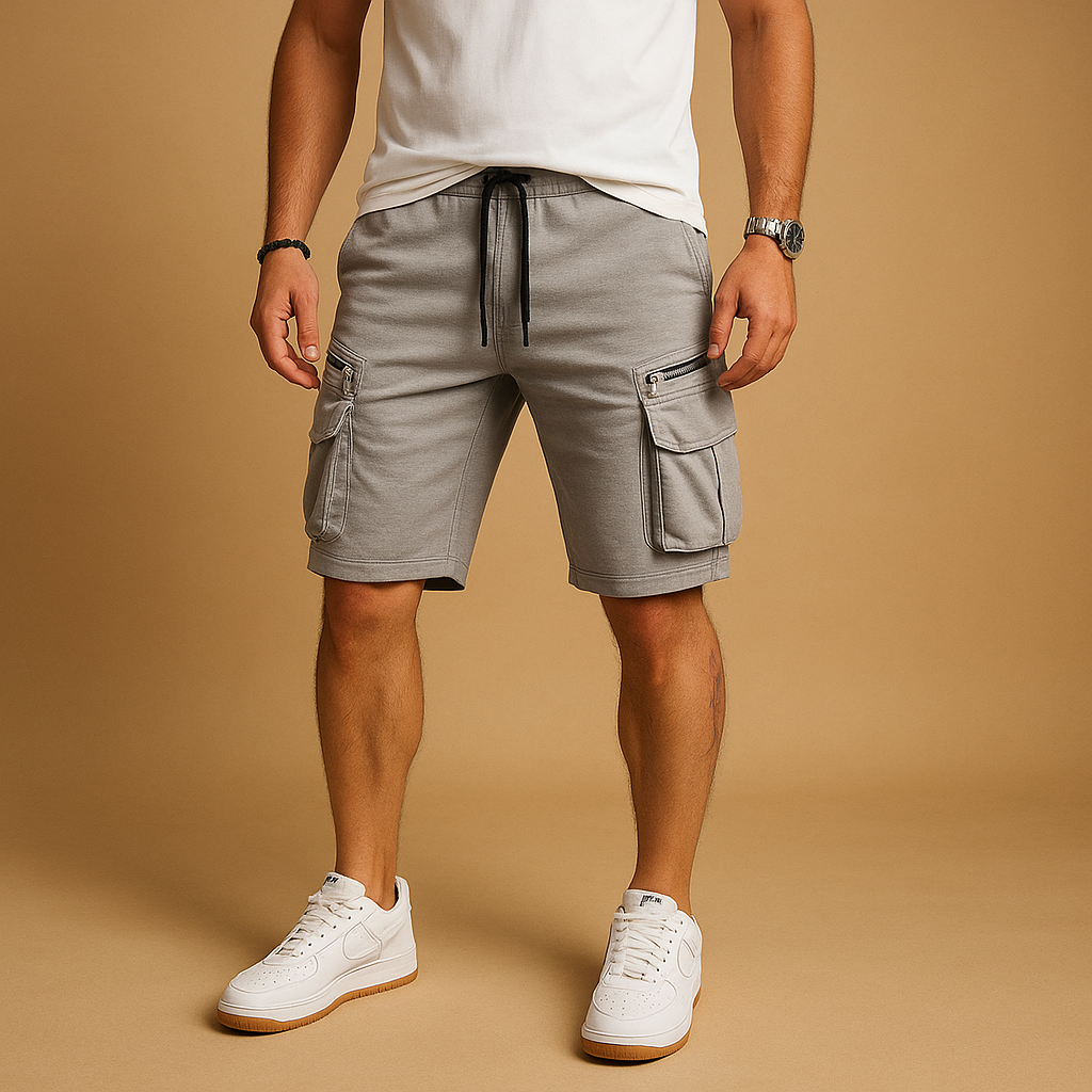 Men’s cargo shorts with relaxed fit, adjustable drawstring, and multiple pockets in green, red, white, black, grey, and yellow, ideal for summer and outdoor wear.