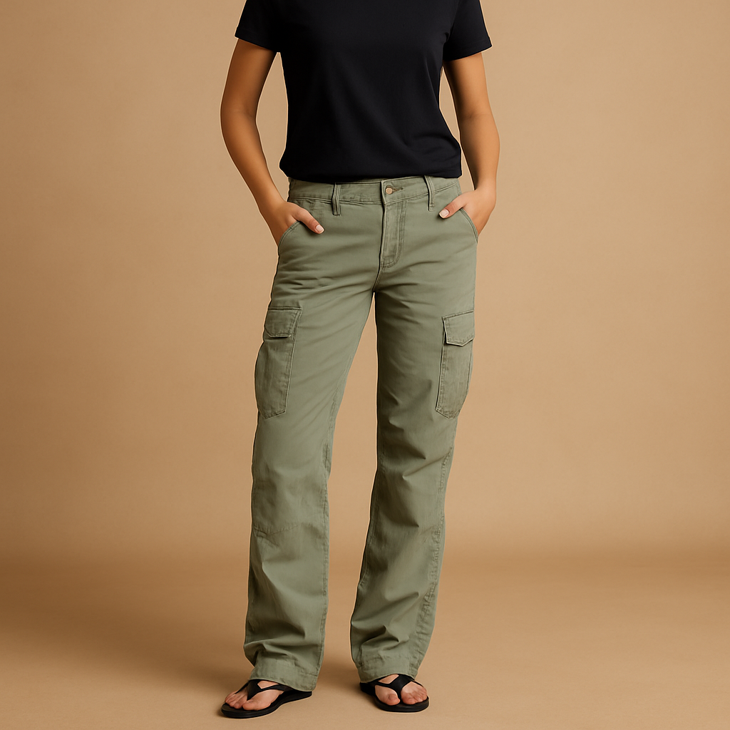 Women’s cargo trousers with roomy pockets and straight-leg fit, ideal for casual outfits and everyday wear