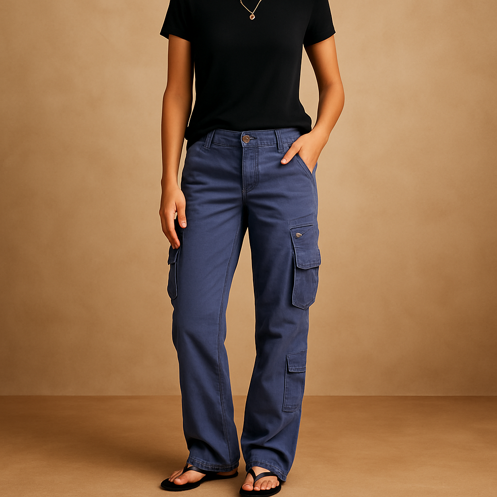 Women’s cargo trousers with roomy pockets and straight-leg fit, ideal for casual outfits and everyday wear