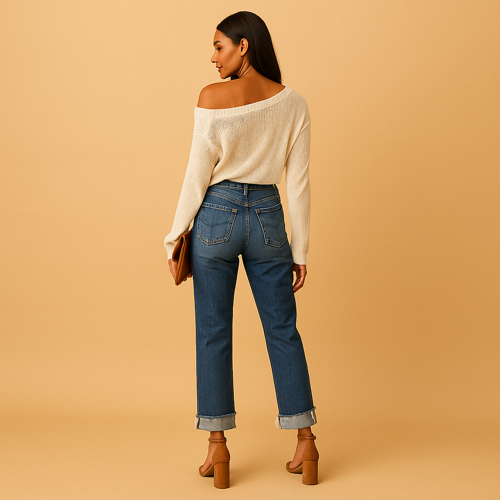 Women’s casual jeans with relaxed fit and unique asymmetrical waistband, ideal for streetwear and year-round comfort