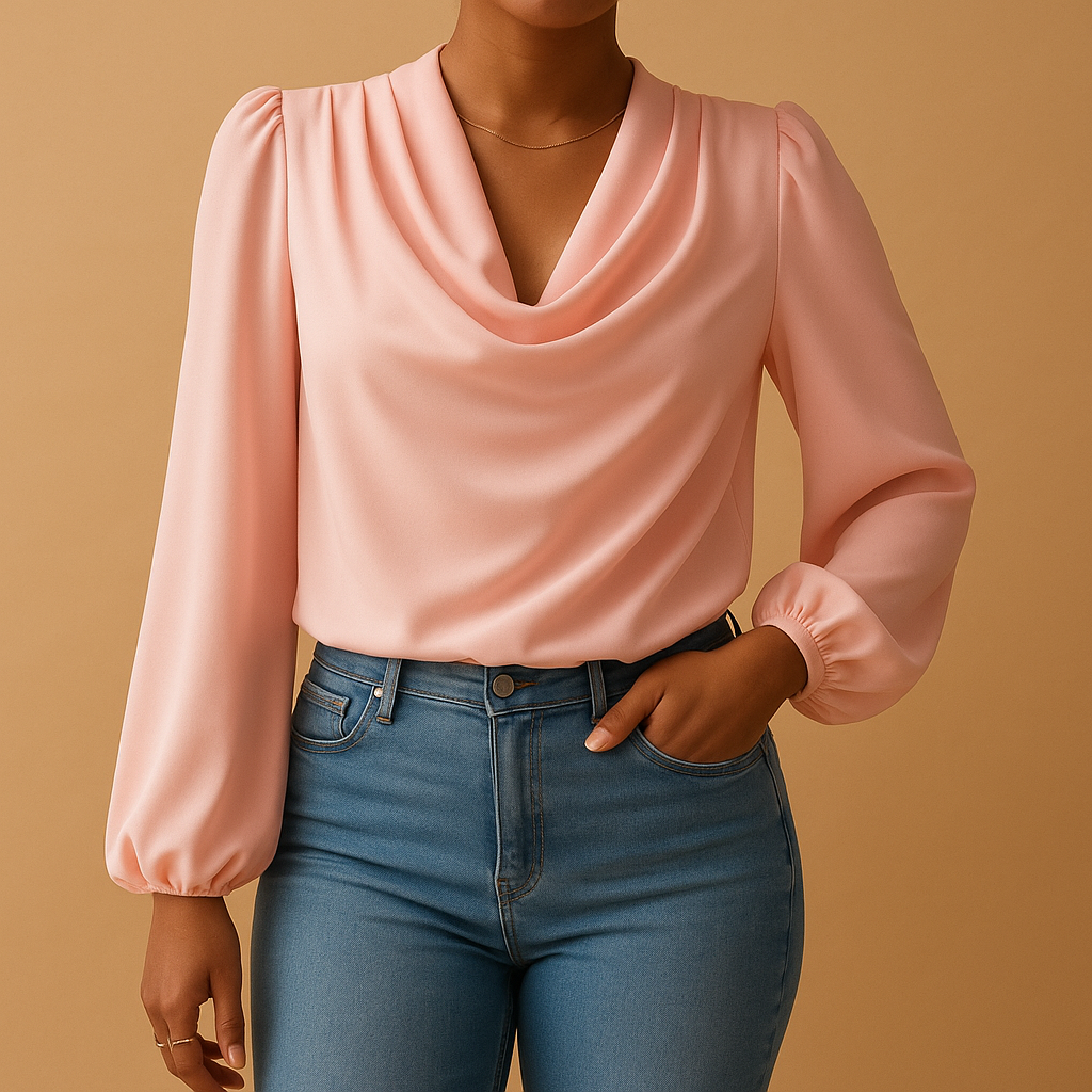 Woman wearing a beige chiffon blouse with puff sleeves and V-neck, ideal for warm weather and stylish summer looks