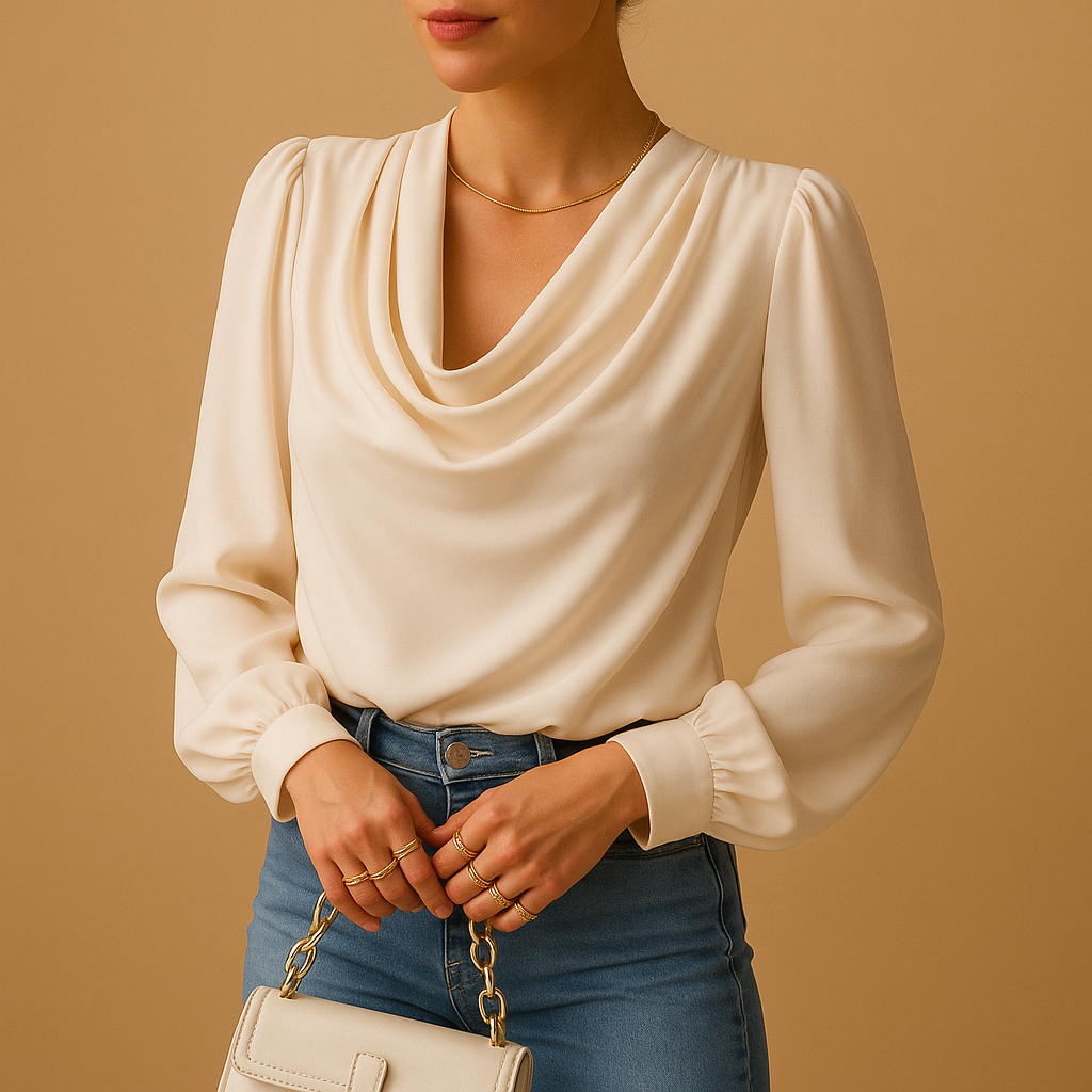 Woman wearing a beige chiffon blouse with puff sleeves and V-neck, ideal for warm weather and stylish summer looks