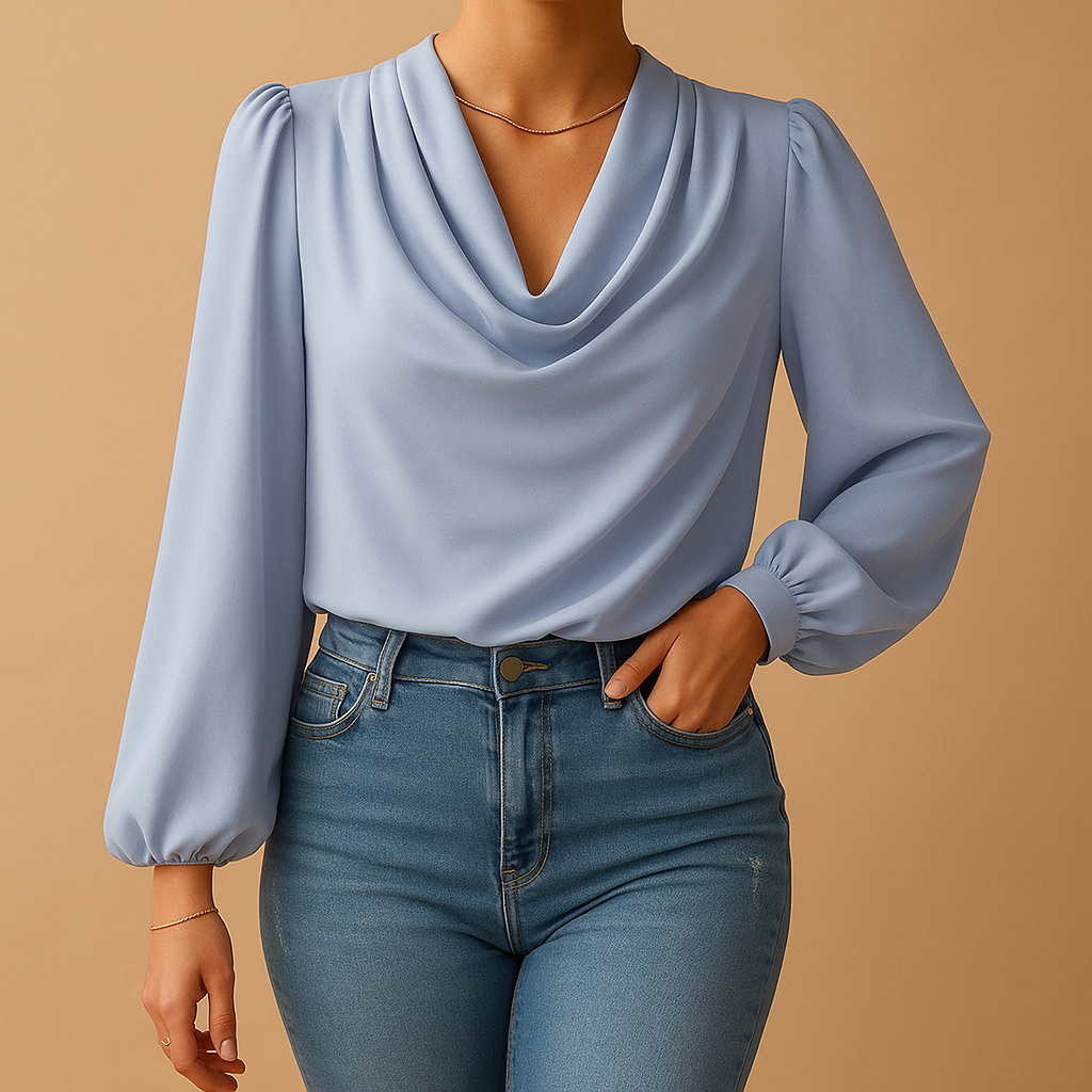 Woman wearing a beige chiffon blouse with puff sleeves and V-neck, ideal for warm weather and stylish summer looks