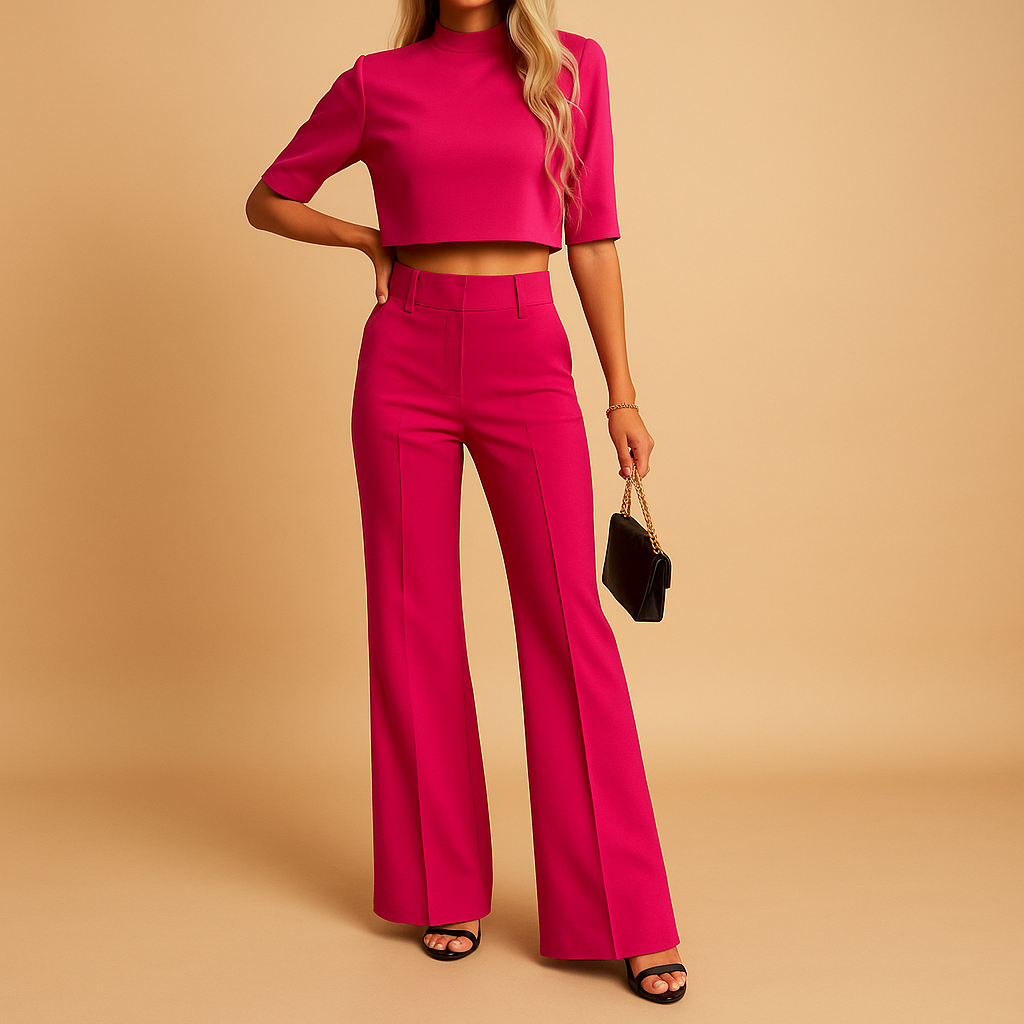 Two-piece fall outfit for women with a cropped top and tailored pants, ideal for work, leisure, or casual autumn occasions