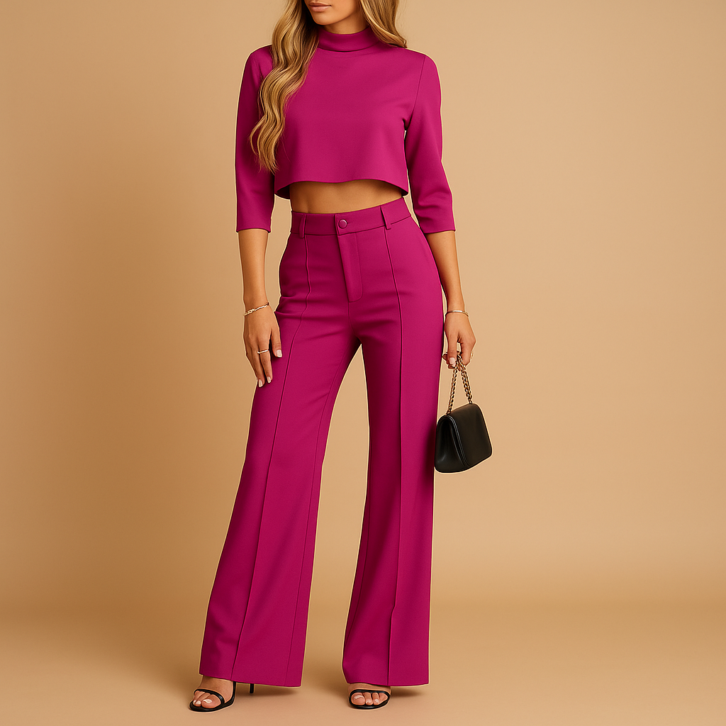 Two-piece fall outfit for women with a cropped top and tailored pants, ideal for work, leisure, or casual autumn occasions
