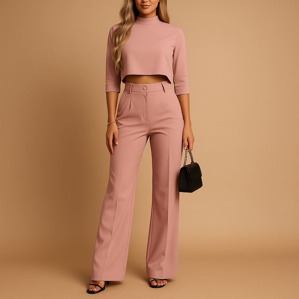 Two-piece fall outfit for women with a cropped top and tailored pants, ideal for work, leisure, or casual autumn occasions