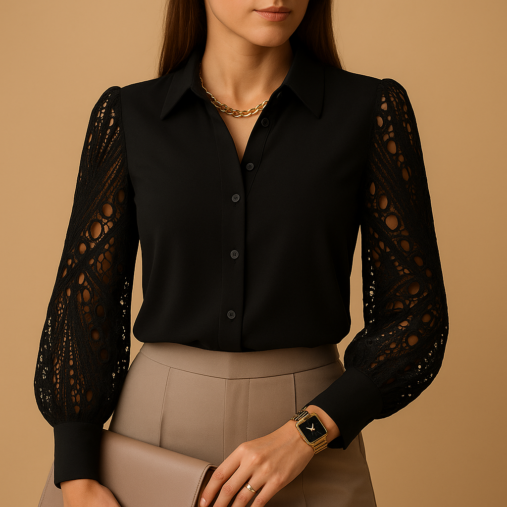 Woman wearing a lace-sleeved blouse with collar and button closure, ideal for formal events or office wear