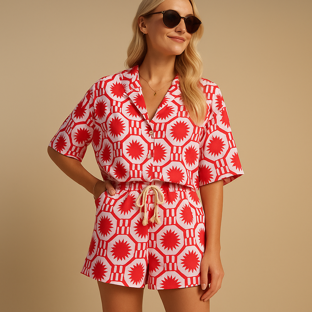 Women’s floral summer set with short-sleeve blouse and elastic waistband shorts, available in beige, blue, light green, and yellow, ideal for warm weather