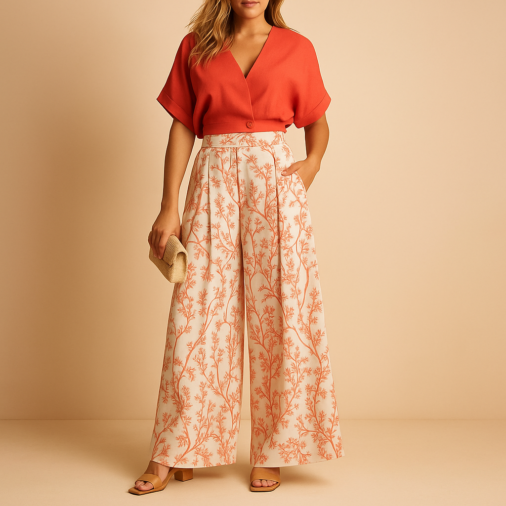 Women’s summer set with floral print top and wide-leg trousers in white, black, blue, and multicolour, ideal for beach, city, or festivals