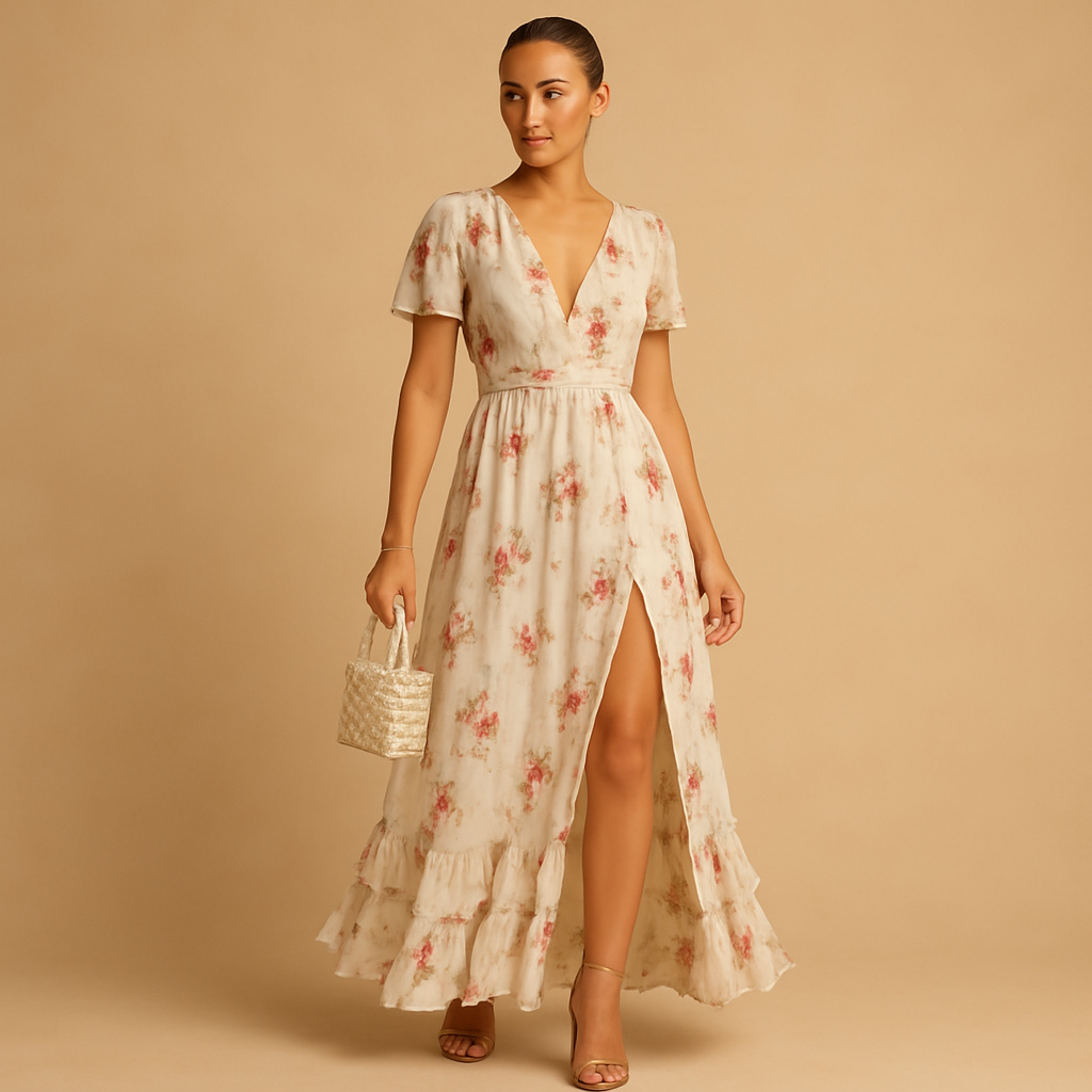 Women’s floral lace midi dress with refined neckline and elegant silhouette, perfect for weddings and formal evening events