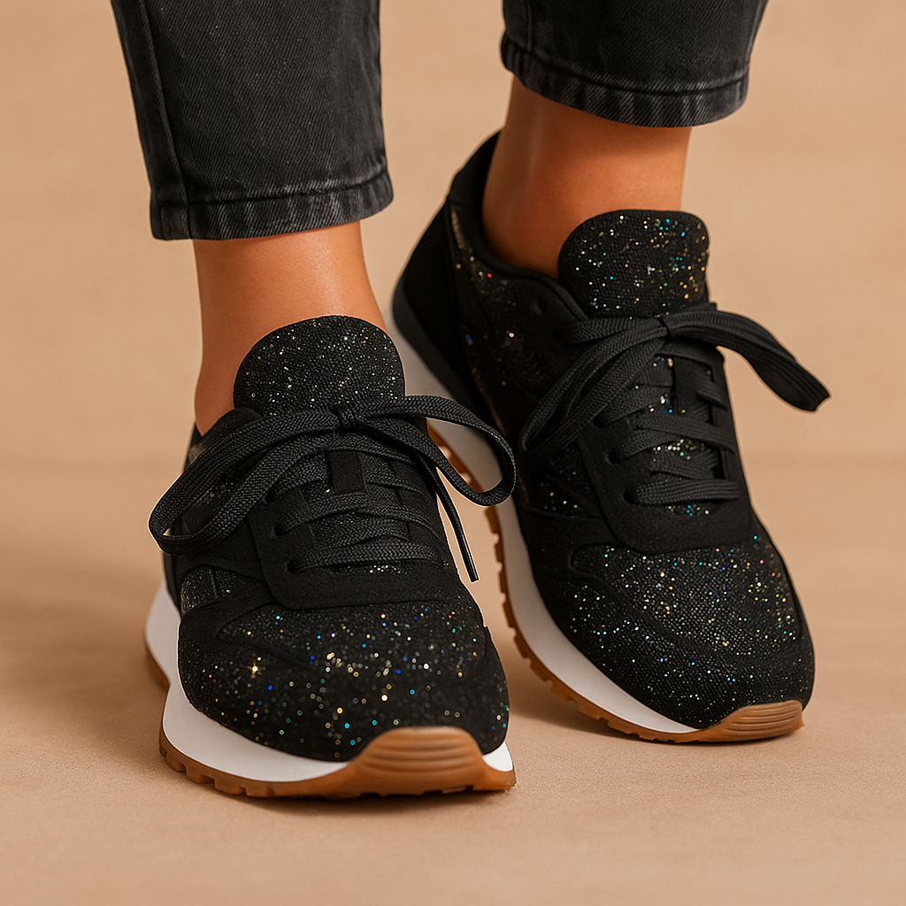 Stylish women’s glitter sneakers with sequins in silver, gold, and black, perfect for casual wear or festive occasions.