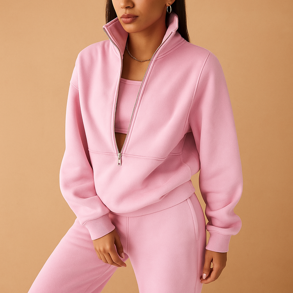 Women’s casual jogger set with half-zip sweatshirt and loose-fit trousers in pink, green, and blue, ideal for lounging or sporty days