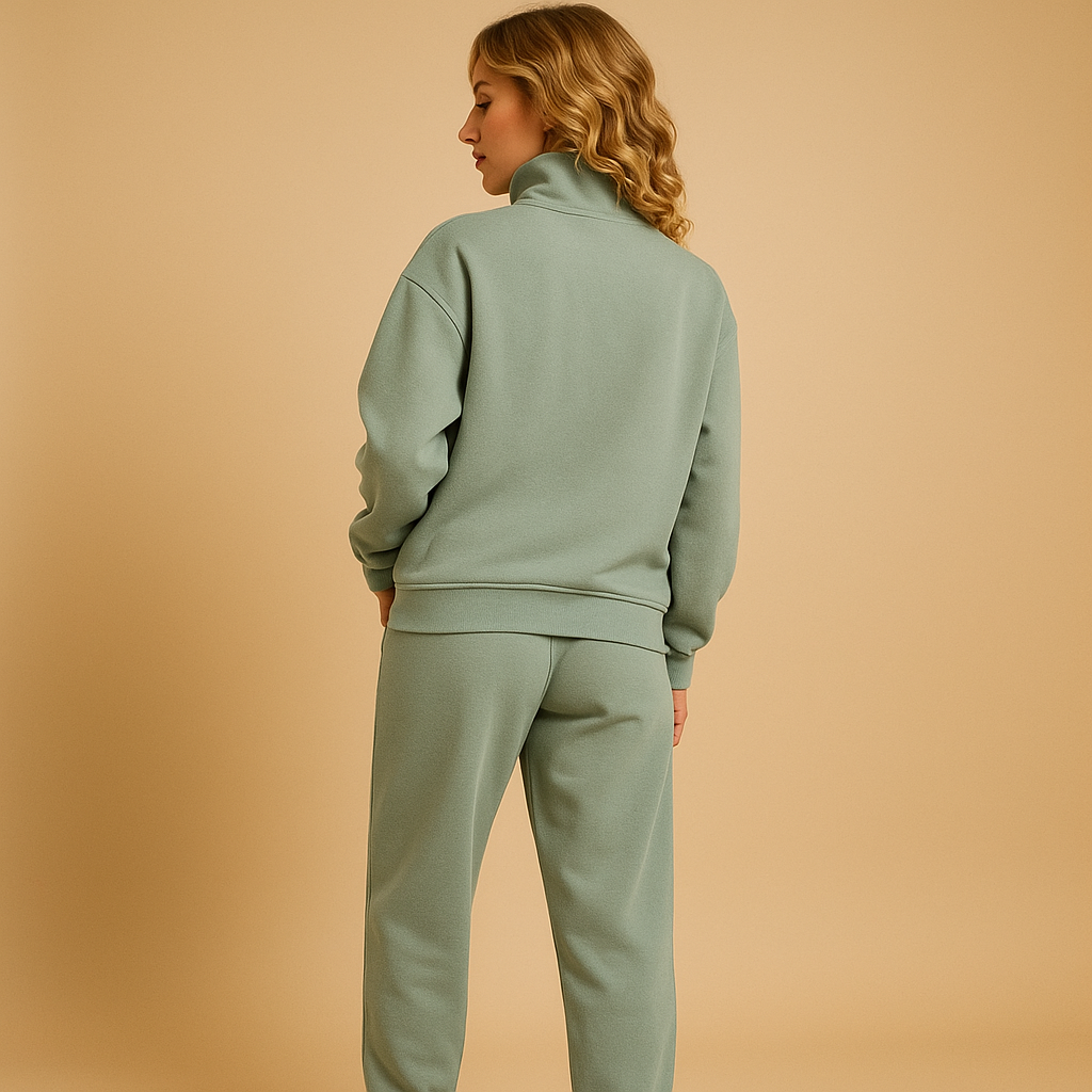 Women’s casual jogger set with half-zip sweatshirt and loose-fit trousers in pink, green, and blue, ideal for lounging or sporty days