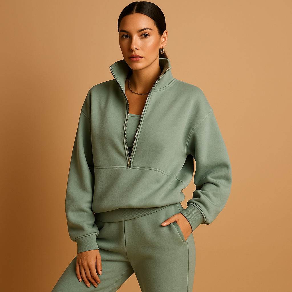 Women’s casual jogger set with half-zip sweatshirt and loose-fit trousers in pink, green, and blue, ideal for lounging or sporty days