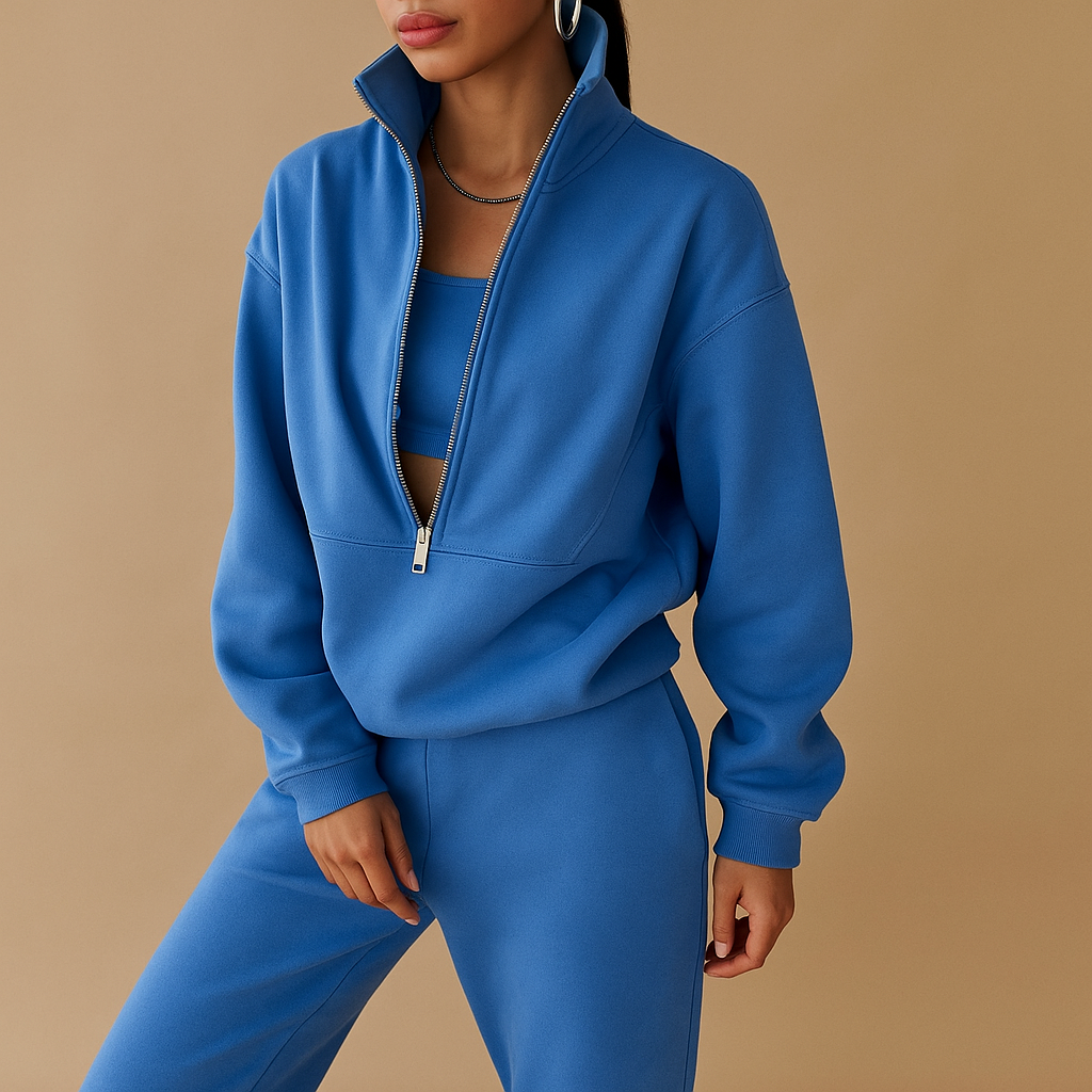 Women’s casual jogger set with half-zip sweatshirt and loose-fit trousers in pink, green, and blue, ideal for lounging or sporty days
