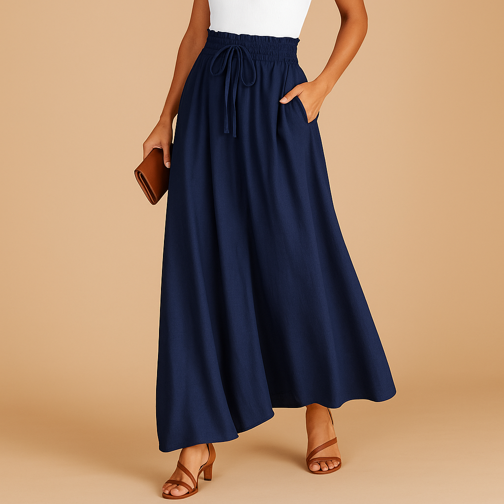 Women’s high-waisted wide-leg trousers with elastic waistband and modern chic cut, perfect for work or casual days