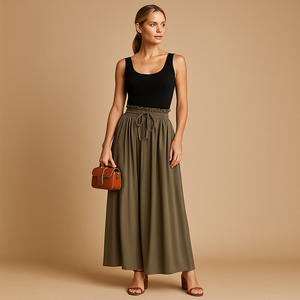 Women’s high-waisted wide-leg trousers with elastic waistband and modern chic cut, perfect for work or casual days