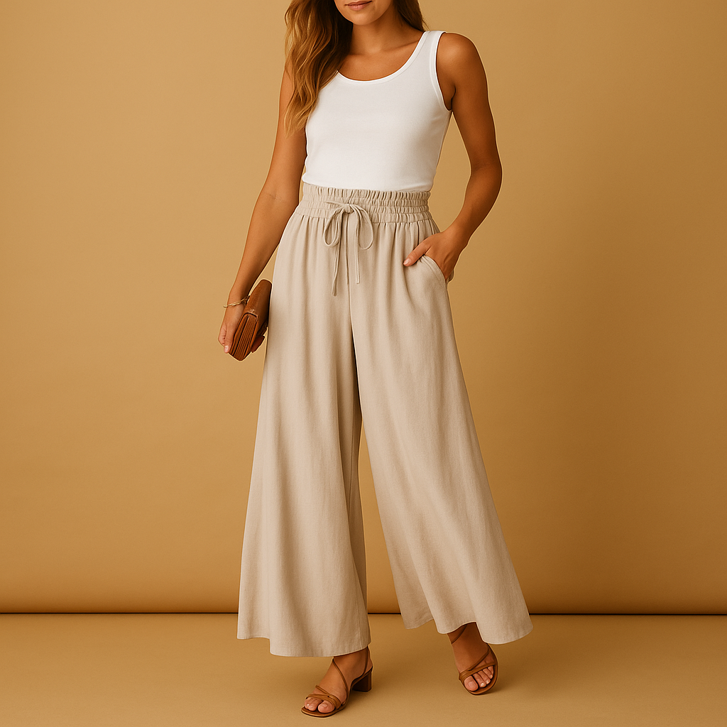 Women’s high-waisted wide-leg trousers with elastic waistband and modern chic cut, perfect for work or casual days