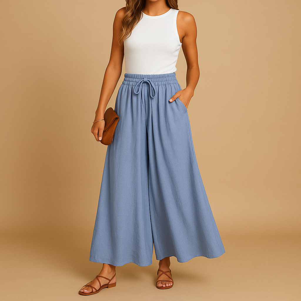 Women’s high-waisted wide-leg trousers with elastic waistband and modern chic cut, perfect for work or casual days