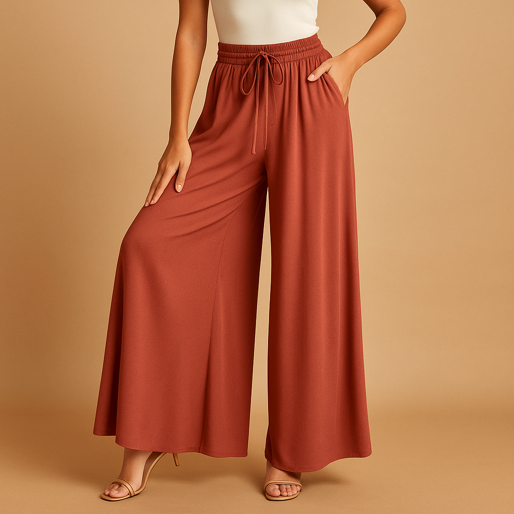 Women’s high-waisted wide-leg trousers with elastic waistband and modern chic cut, perfect for work or casual days