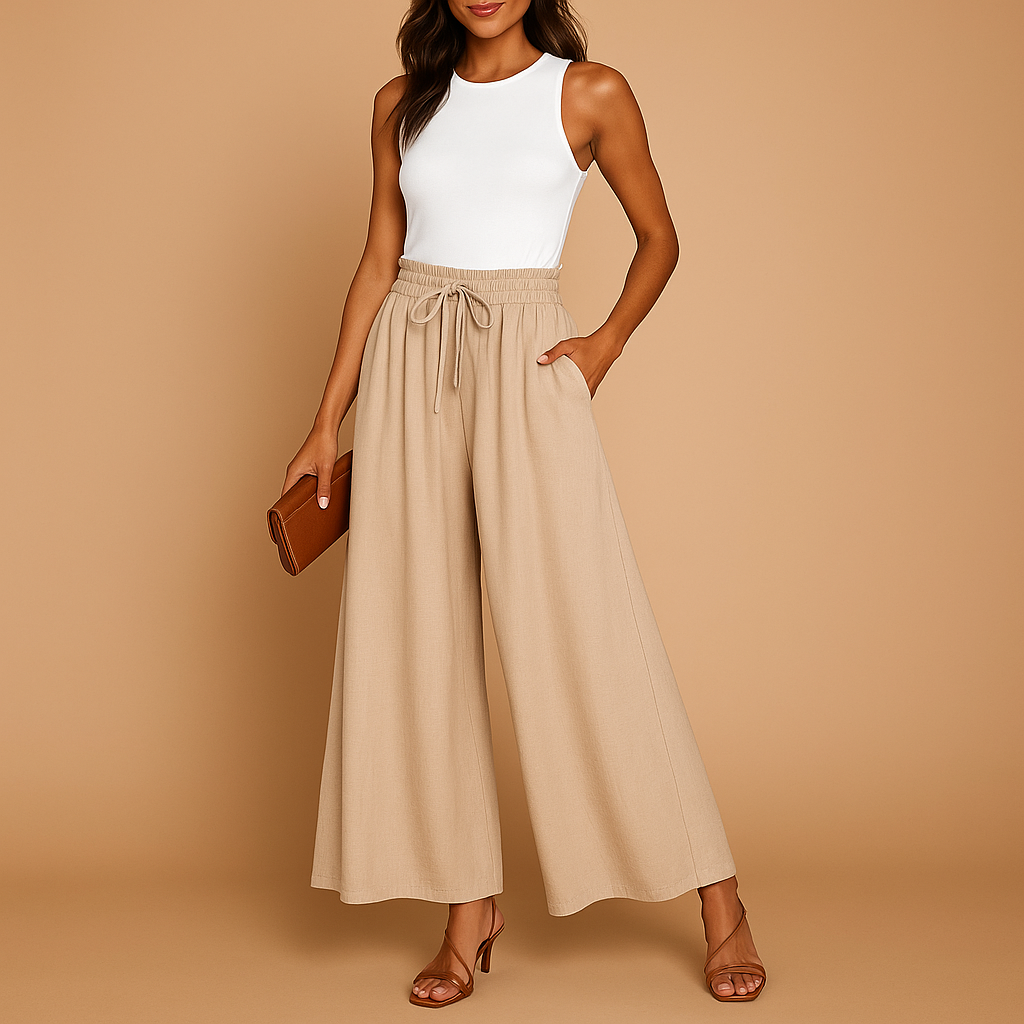 Women’s high-waisted wide-leg trousers with elastic waistband and modern chic cut, perfect for work or casual days