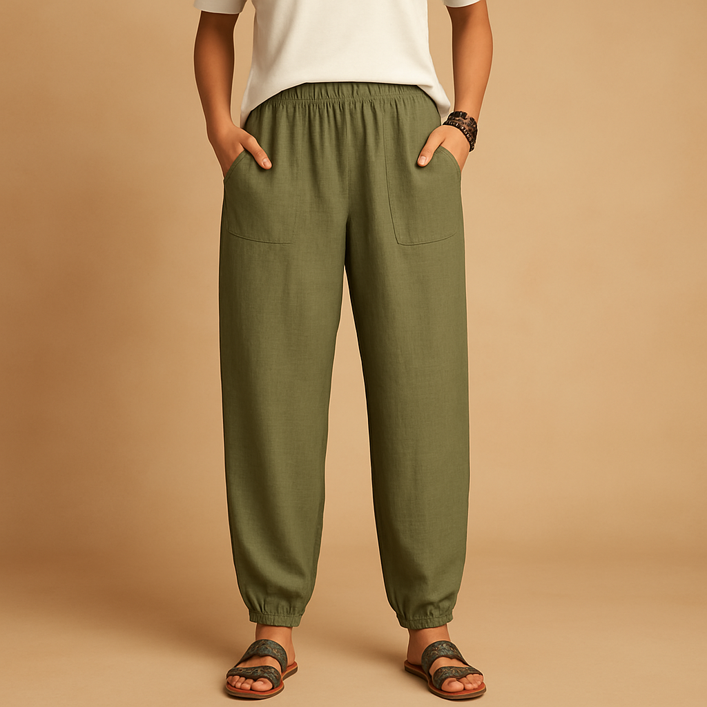Women’s high-waisted linen boho trousers with a loose fit and functional pockets, ideal for summer days and relaxed outfits