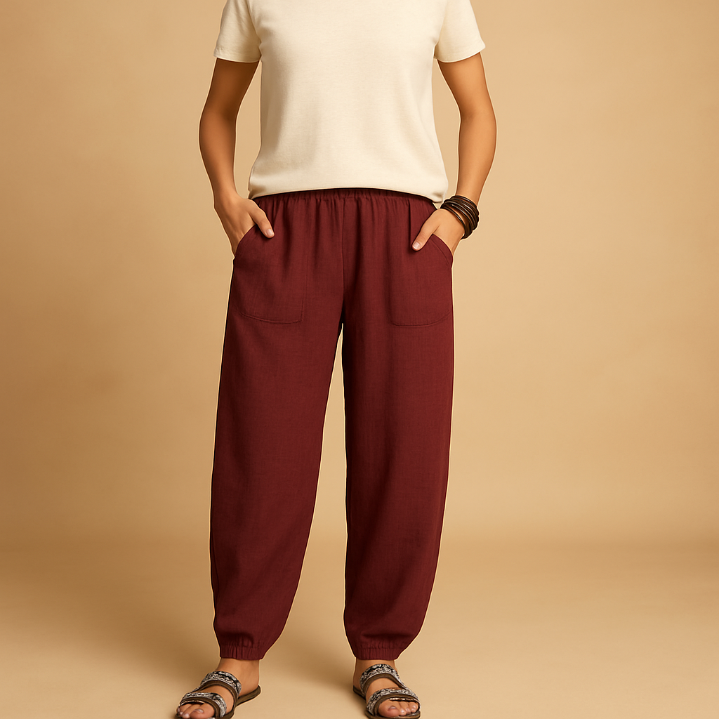 Women’s high-waisted linen boho trousers with a loose fit and functional pockets, ideal for summer days and relaxed outfits