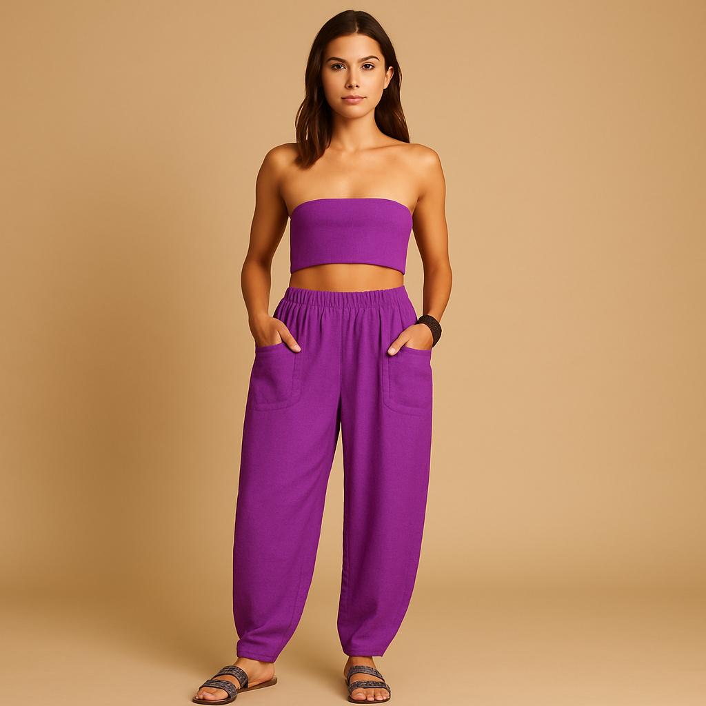 Women’s high-waisted linen boho trousers with a loose fit and functional pockets, ideal for summer days and relaxed outfits