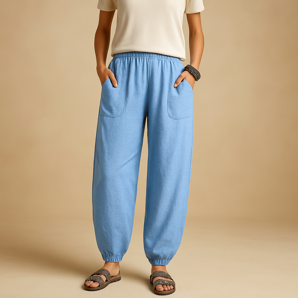 Women’s high-waisted linen boho trousers with a loose fit and functional pockets, ideal for summer days and relaxed outfits