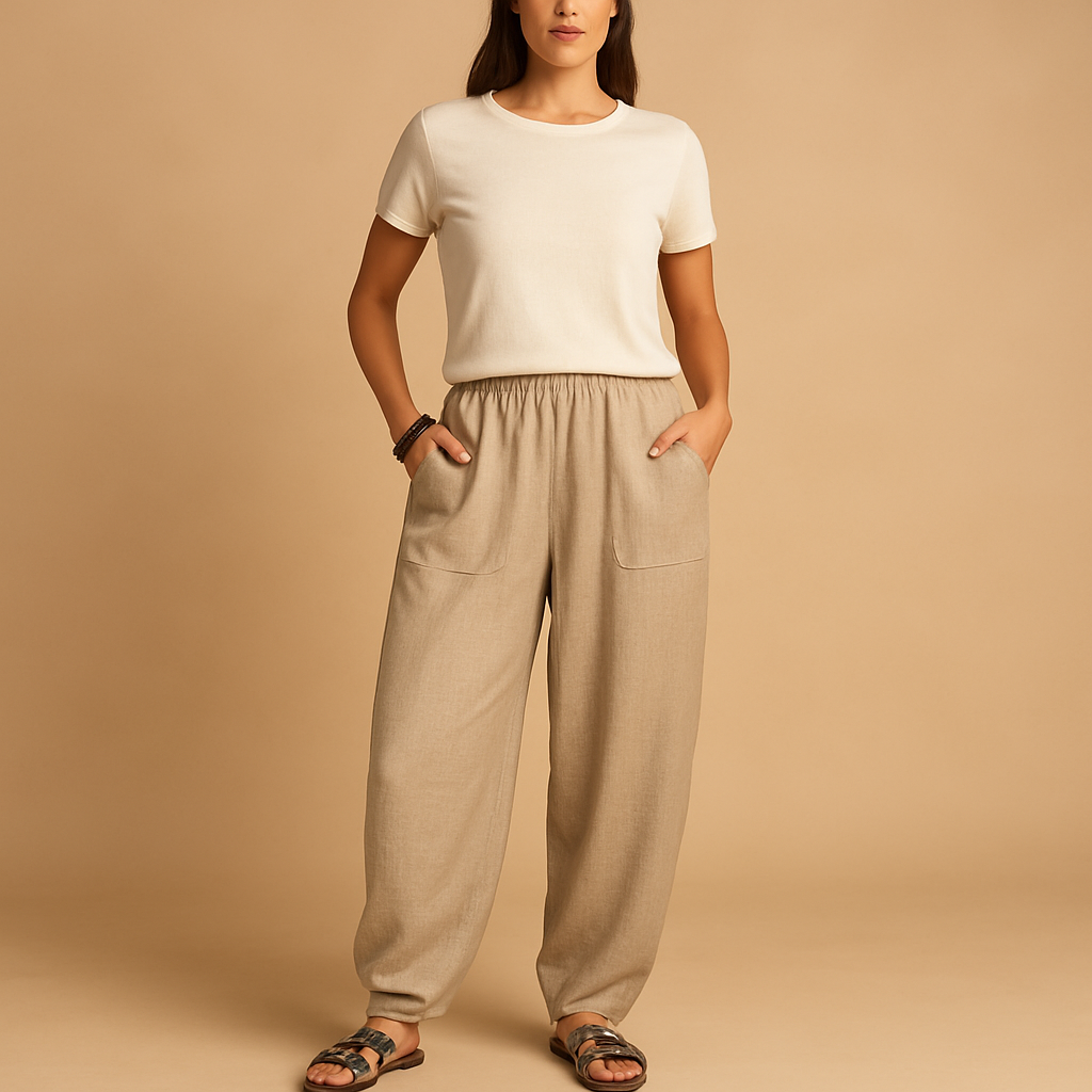 Women’s high-waisted linen boho trousers with a loose fit and functional pockets, ideal for summer days and relaxed outfits