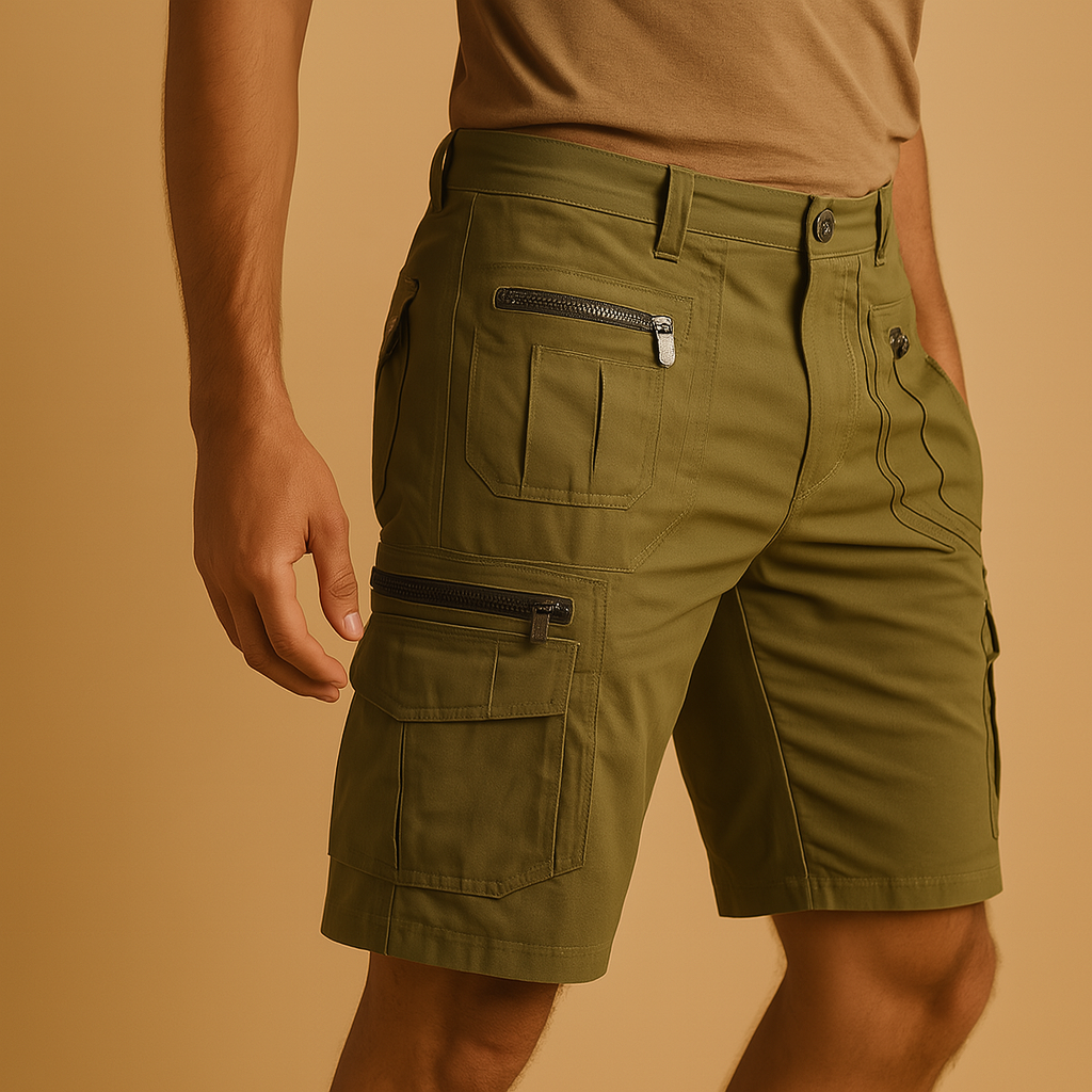 Men’s knee-length cargo shorts with multiple zip and flap pockets in sand, army green, black, and dark grey, ideal for outdoor and casual wear.