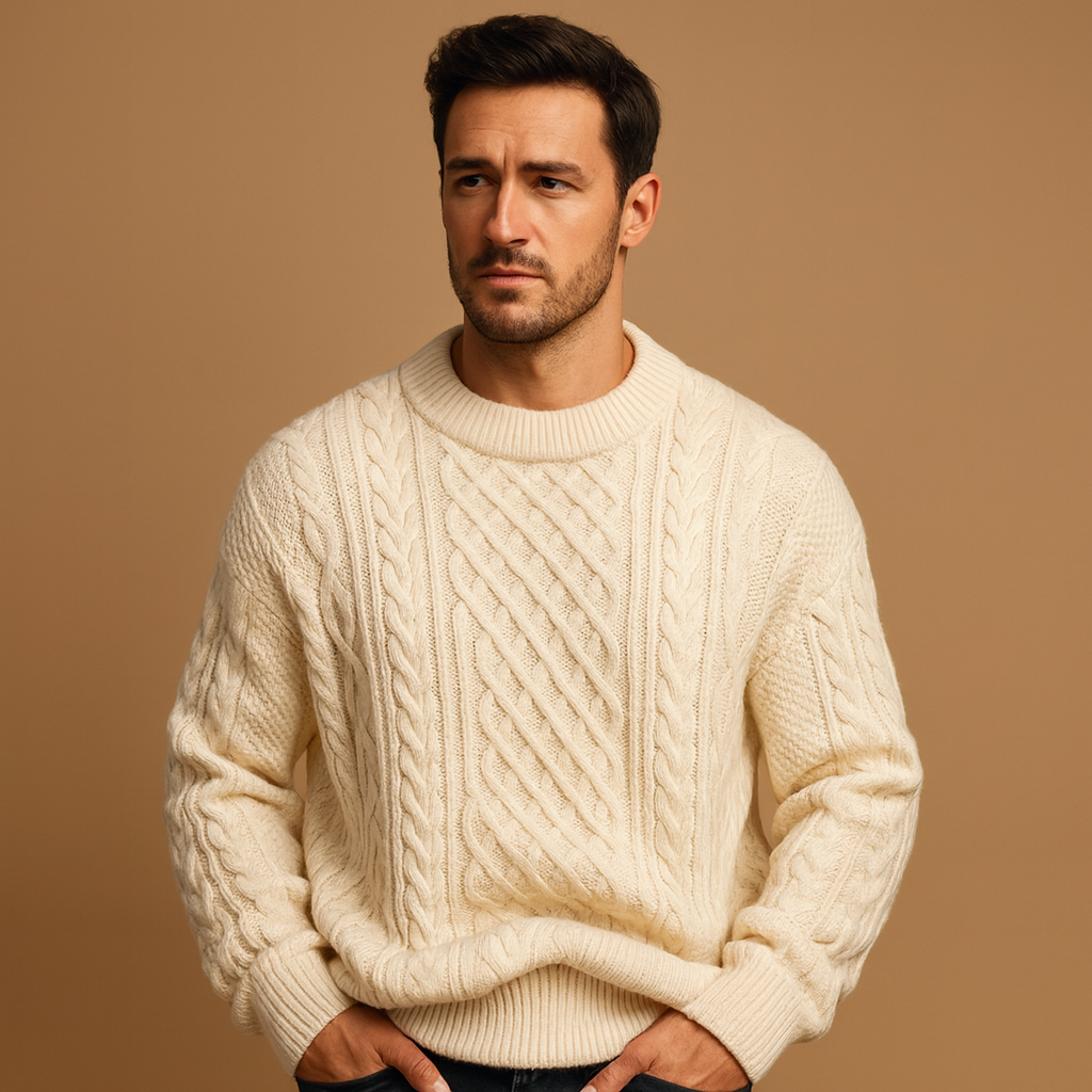 Men’s knitted crew neck sweater with loose fit, soft knit fabric, and solid timeless design. Perfect for layering in autumn and winter.