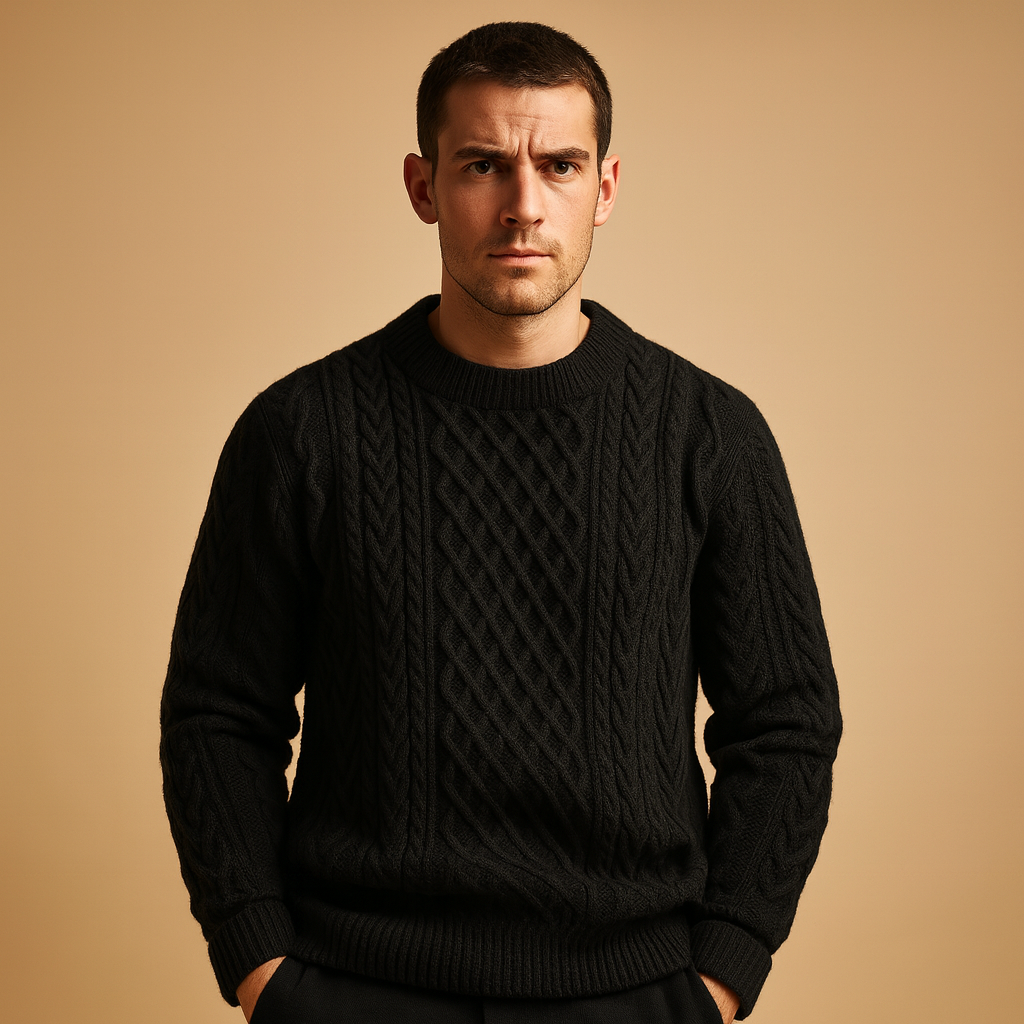 Men’s knitted crew neck sweater with loose fit, soft knit fabric, and solid timeless design. Perfect for layering in autumn and winter.