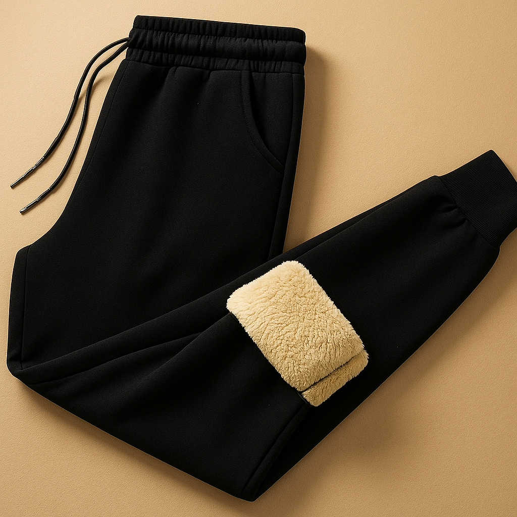 Men’s knitted winter trousers with thick warm fabric, elastic waistband, and drawstring, ideal for casual winter wear and home comfort.