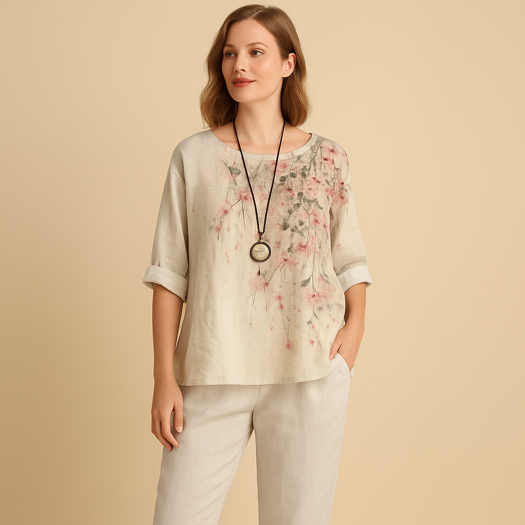 Women’s handmade two-piece outfit with a timeless design and airy fit, perfect for spring, summer, and casual wear