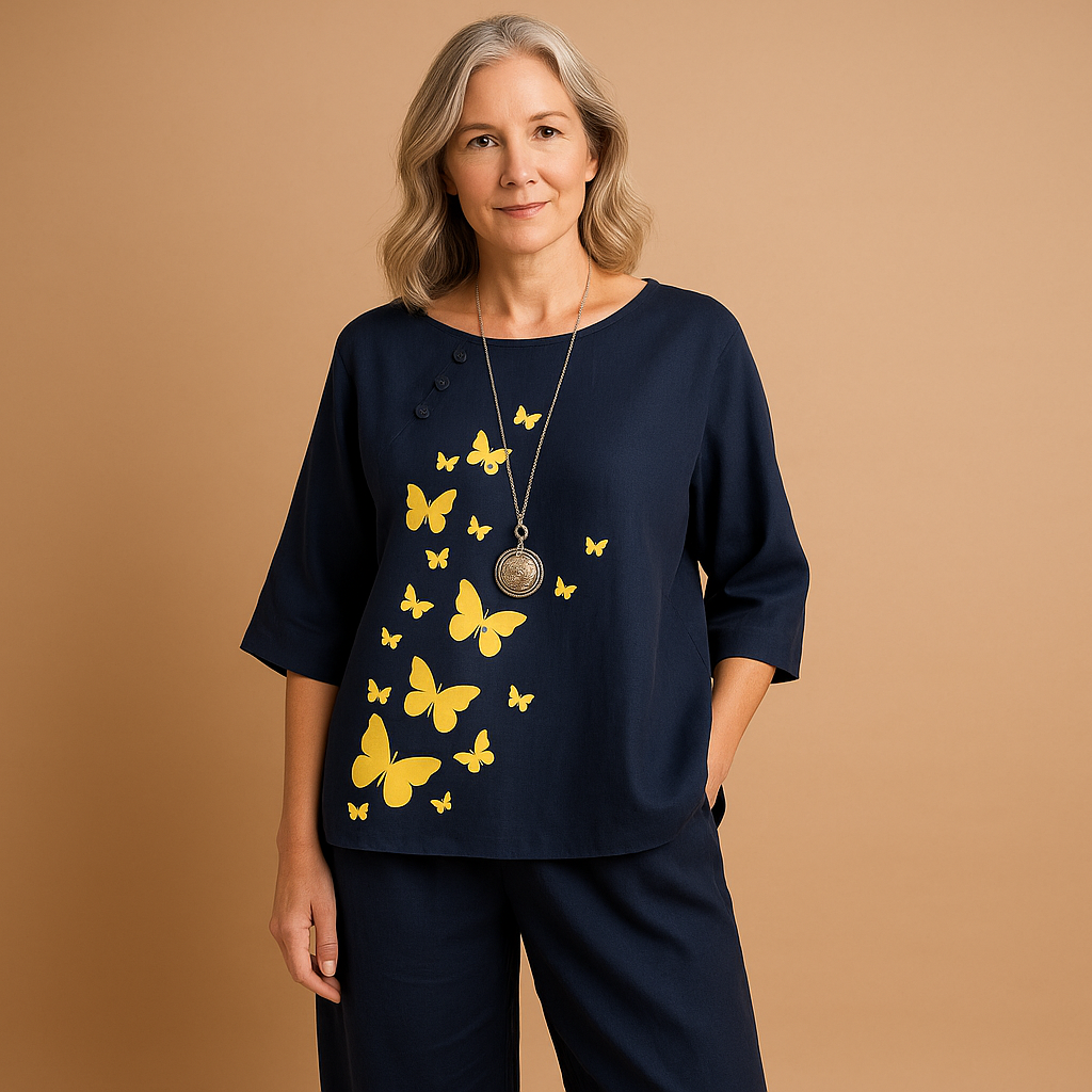 Women’s handmade two-piece outfit with a timeless design and airy fit, perfect for spring, summer, and casual wear