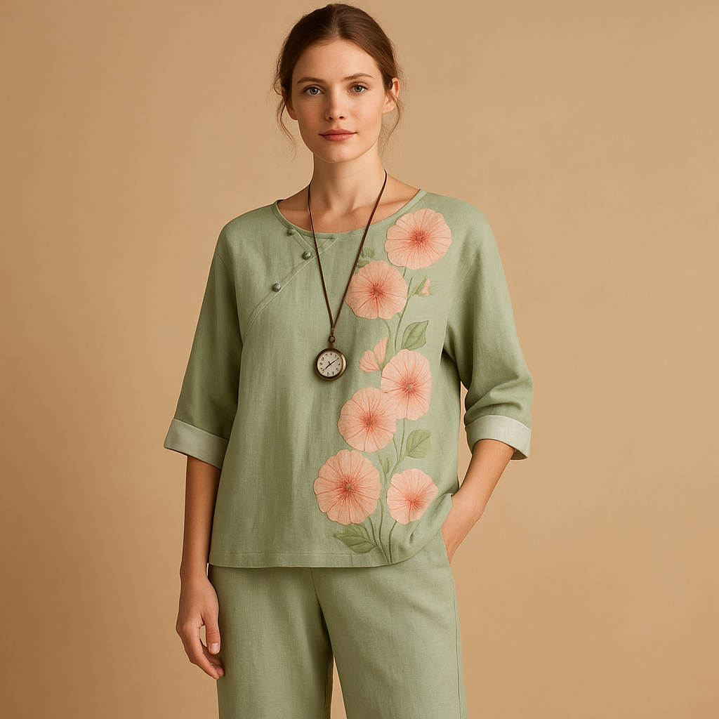 Women’s handmade two-piece outfit with a timeless design and airy fit, perfect for spring, summer, and casual wear