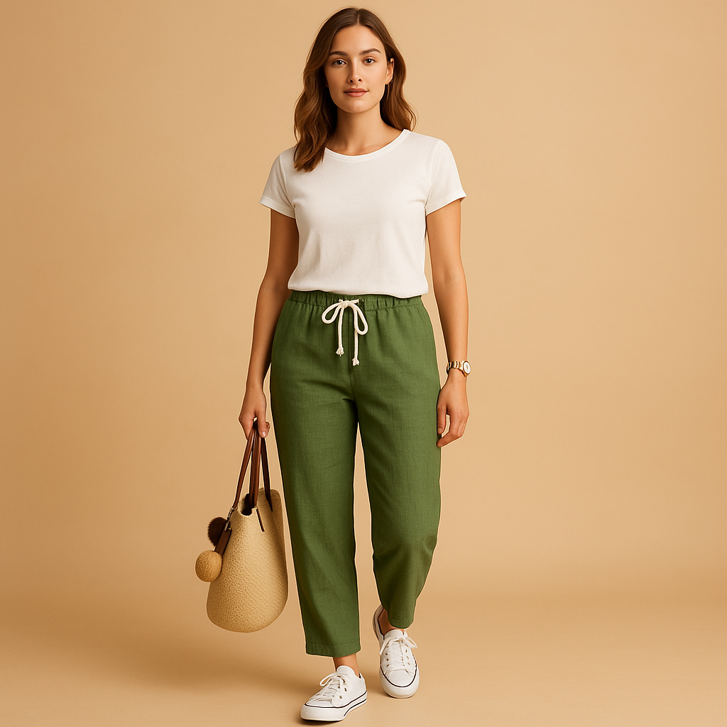 Women’s lightweight breathable trousers in beige, black, navy, blue, green, and red—ideal for casual and active spring outfits