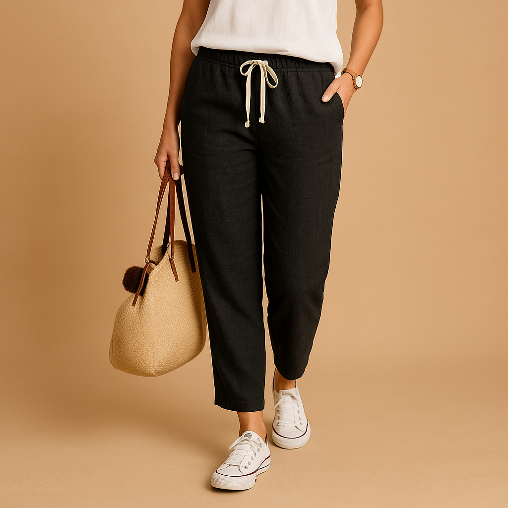 Women’s lightweight breathable trousers in beige, black, navy, blue, green, and red—ideal for casual and active spring outfits