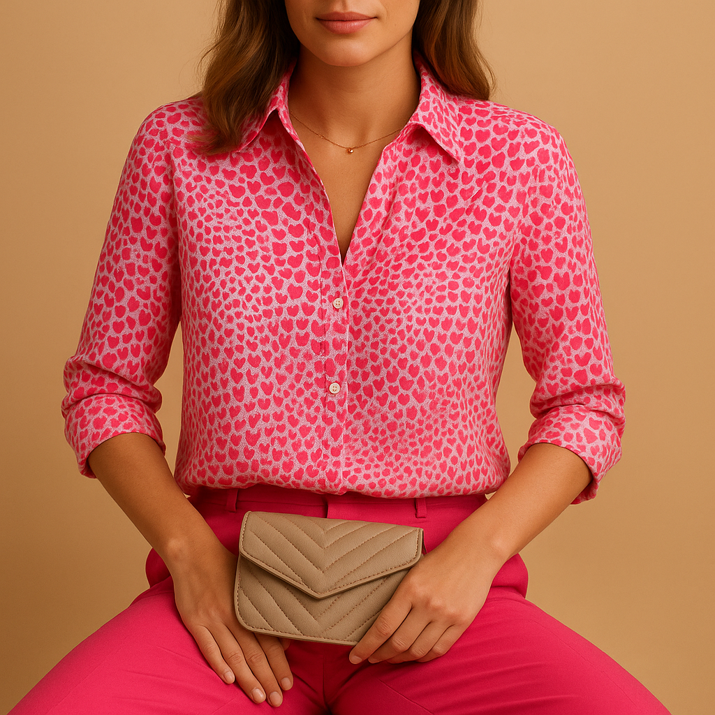 Woman wearing a lightweight printed blouse with a bold design, perfect for casual days, work, or elegant evenings